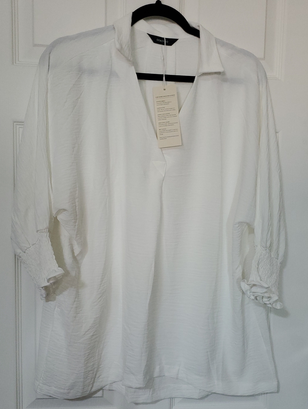 White Split-Neck Smocked-Cuff Tunic